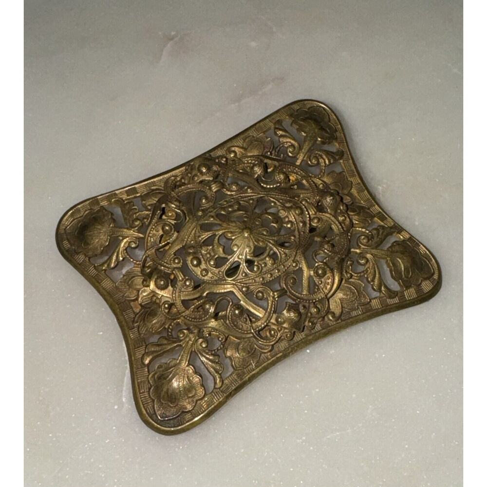 Antique Art Nouveau Rectangle Buckle Brass Brooch Pin Open Work Estate - Picture 3 of 5